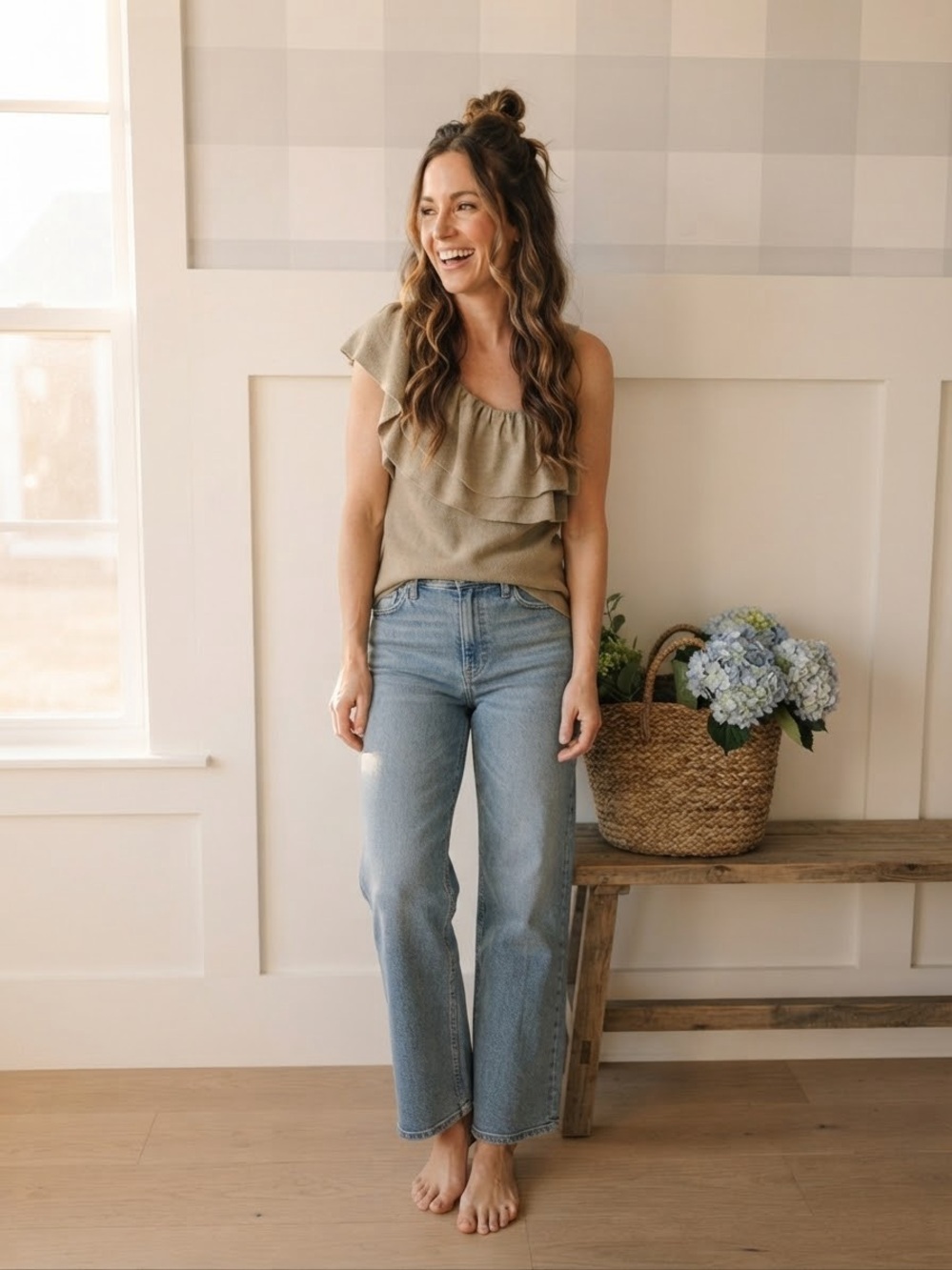 Zara Olive One-Shoulder Ruffle Top Large